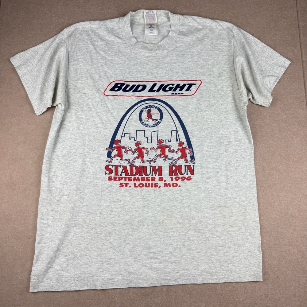 Vintage 1996 Bud Light Stadium Run Tee Mens L Gray USA Single Stitch